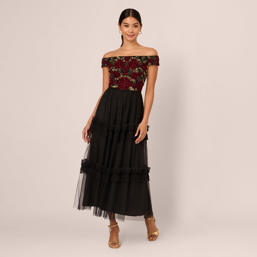 Adrianna Papell Velvet And Tulle Midi Dress In Black Red Size 12Black/Red / Regu